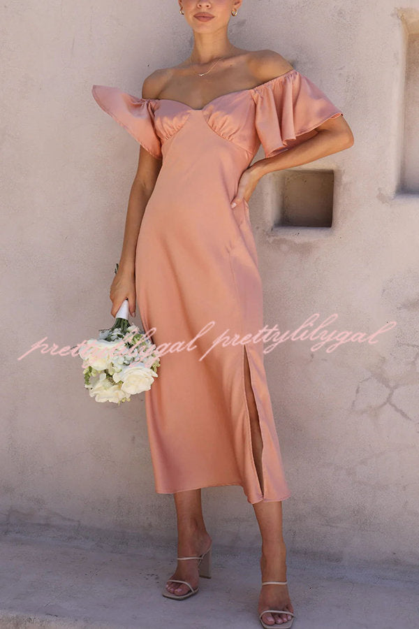 Pure Love Satin Butterfly Sleeve Slit Midi Dress