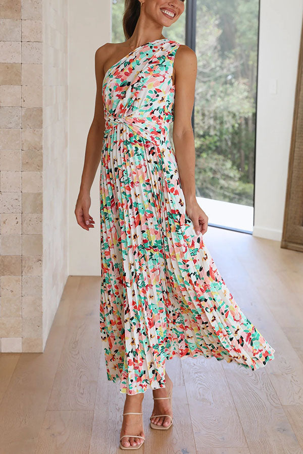 Saw An Angel Floral One Shoulder Elastic Waist Pleated Maxi Dress