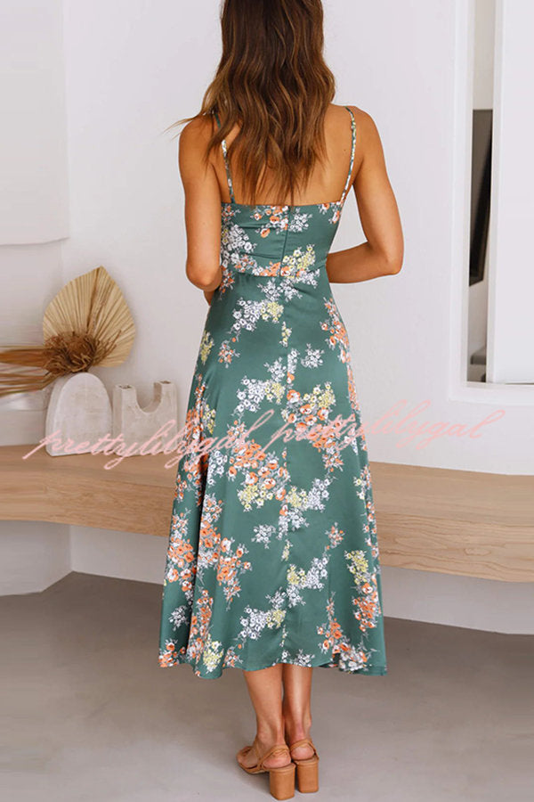 Dreamers Satin Floral Tie Up Slit Midi Dress