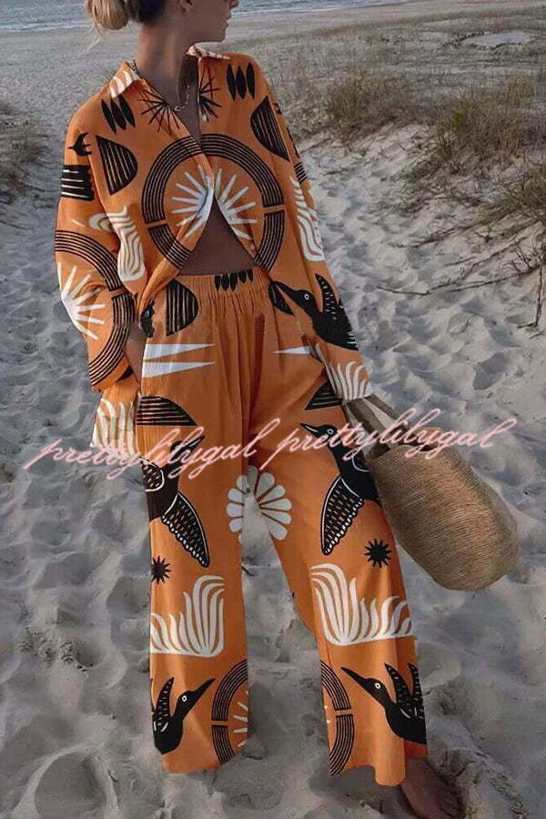 Folk Totem Printed Oversized Blouse and Elastic Waist Pocketed Pants Set