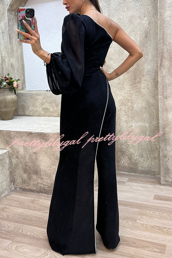 Fashion Diary Asymmetrical Design Diamond Trim One Shoulder Party Jumpsuit