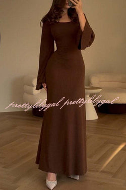 Comfortable Elegance Ribbed Bell Long Sleeve Stretch Maxi Dress