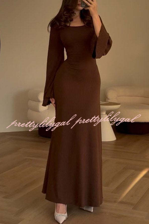 Comfortable Elegance Ribbed Bell Long Sleeve Stretch Maxi Dress