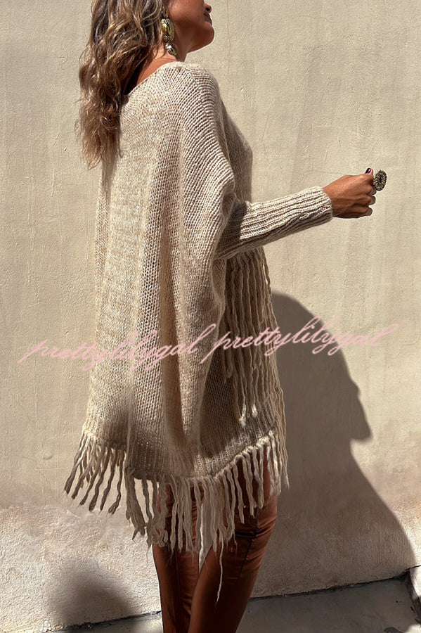 Coming with You Knit Tassel Trim Pocketed Loose Sweater