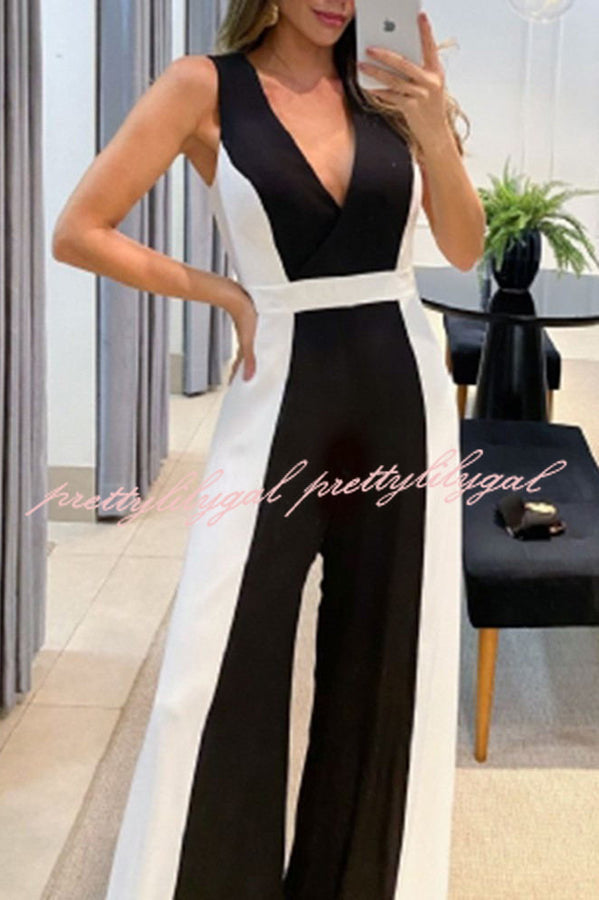 Black and White Classic Colorblock Wide Leg Jumpsuit