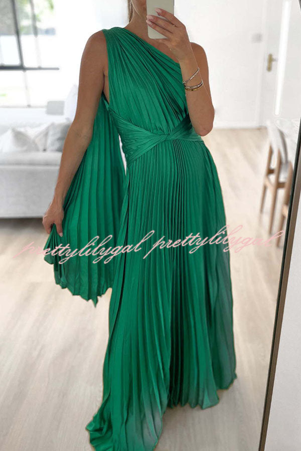 Keira One Shoulder Pleated Satin Maxi Dress