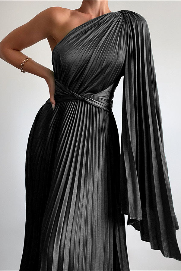 Keira One Shoulder Pleated Satin Maxi Dress