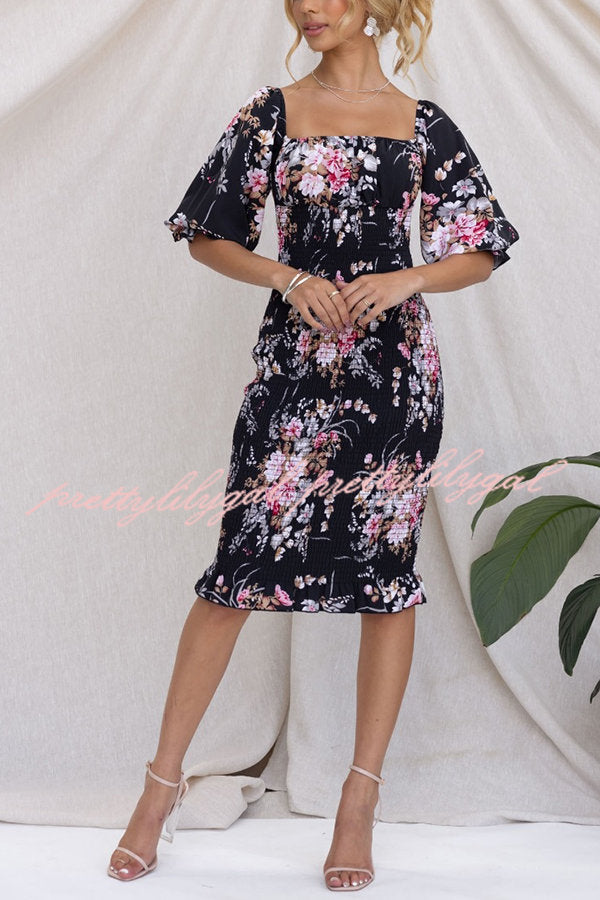 Midnight Beauty Floral Smocked Midi Dress