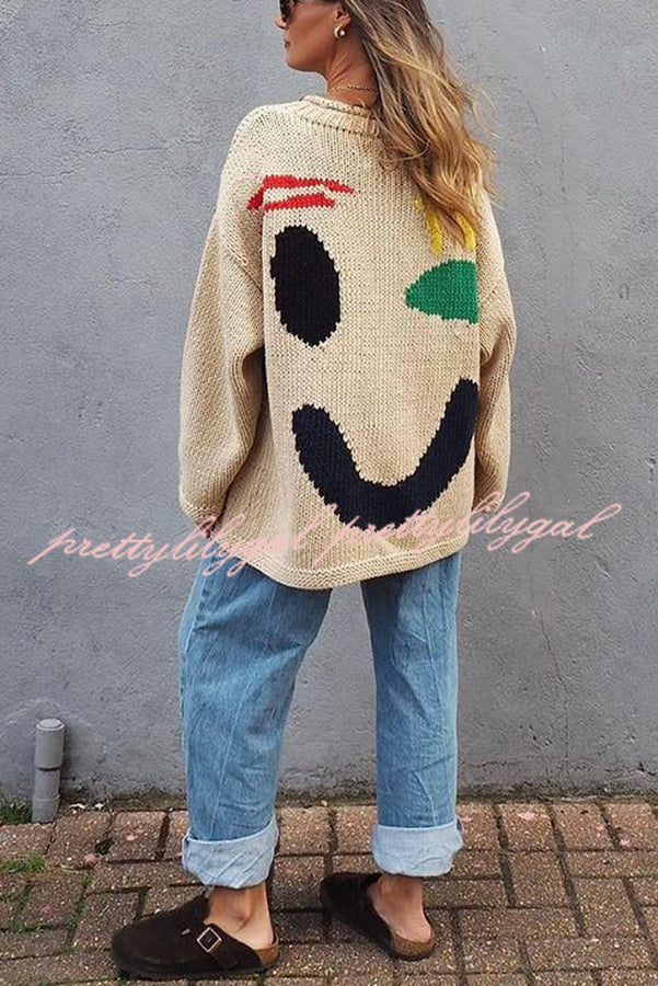 Feel Good Knit Colorful Smiley Face Loose Pullover Sweater