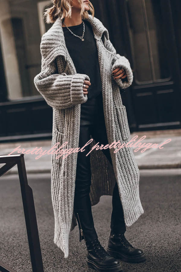 Chunky and Warm Knit Button Pocketed Oversized Midi Cardigan