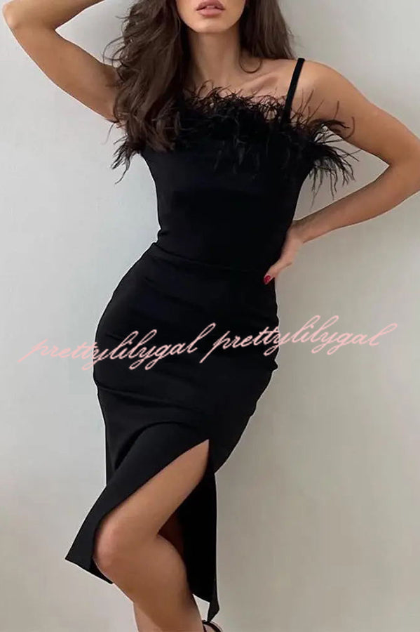 Find The Spotlight Feather Trim High Slit Party Dress