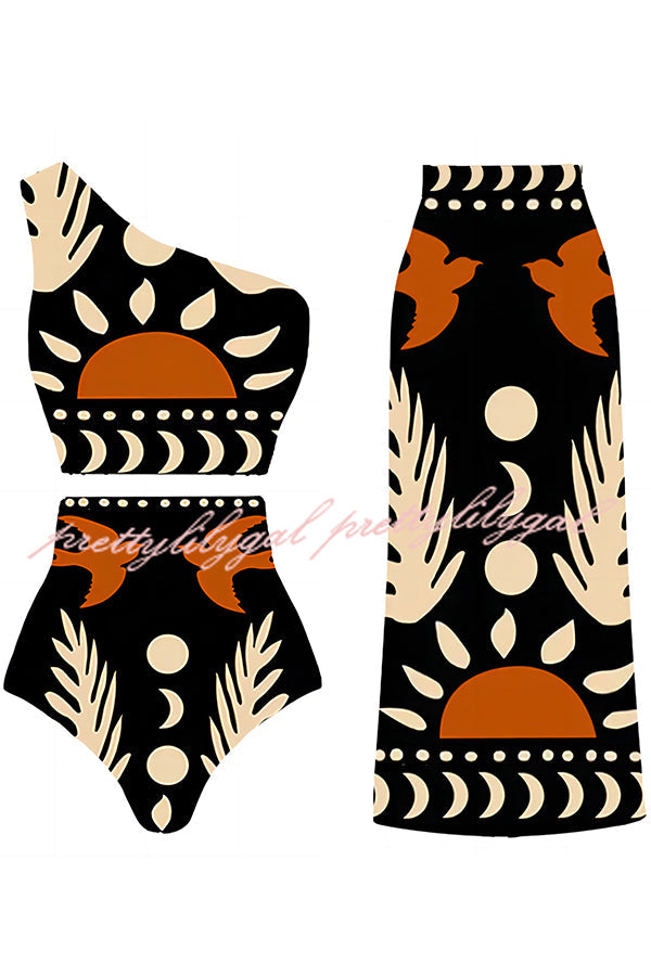 Abstract Art Birds and Sun Print Color Block High Waist Bikini And Skirt