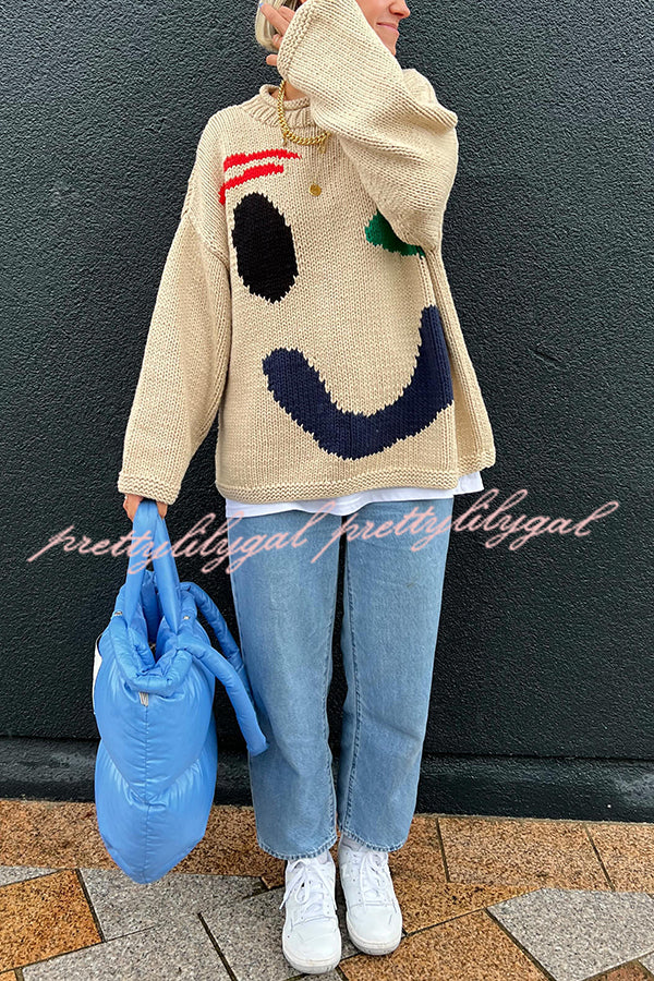 Feel Good Knit Colorful Smiley Face Loose Pullover Sweater