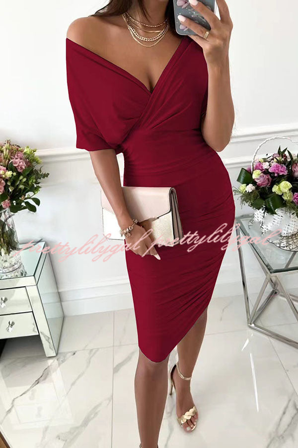 Gorgeous Day Batwing Sleeve Ruched Midi Dress