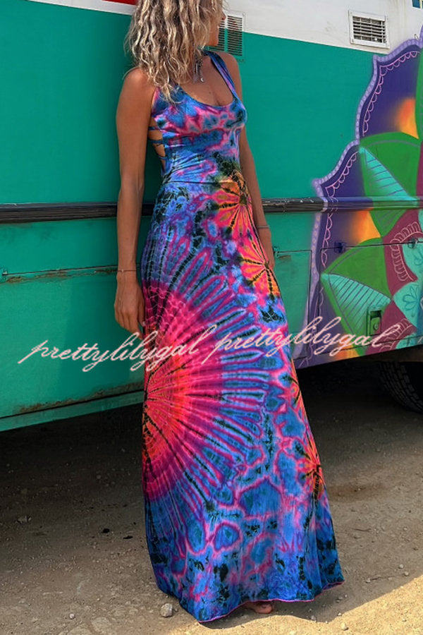 La Bamba Tie-dye Print Back Lace-up Stretch Maxi Dress