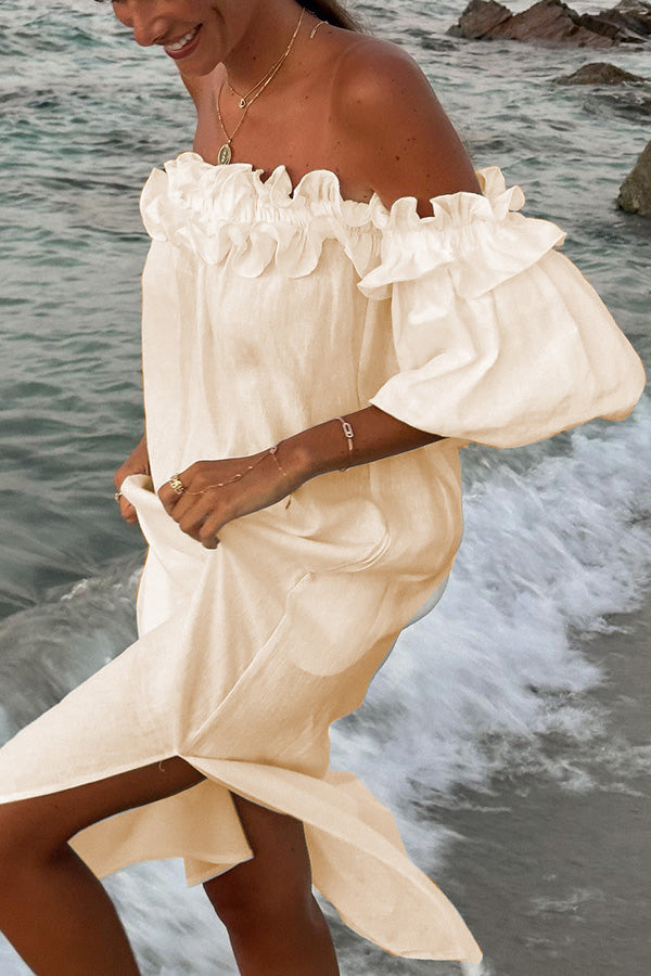 Francisca Linen Blend Off Shoulder Ruffle Puff Sleeve Pocketed Midi D –  prettylilygal