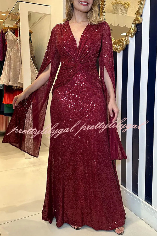 Shine Brighter Sequin Cape Sleeve Cross Waist Evening Maxi Dress