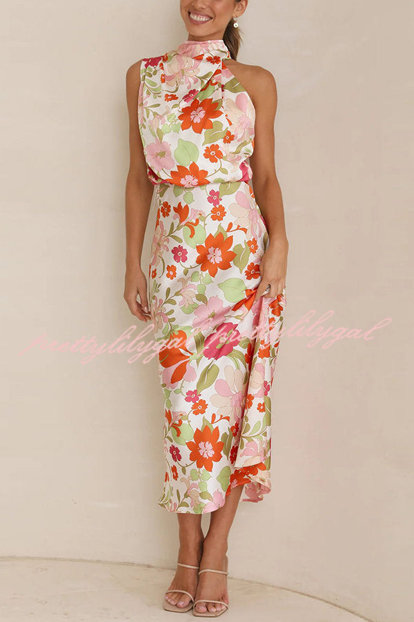 Fascinating Day Floral Halter Neck Elastic Waist Maxi Dress