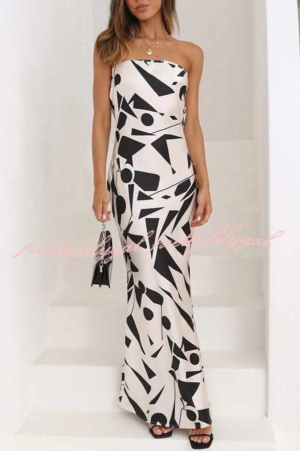 Cassy Satin Geometric Print Off Shoulder Maxi Dress