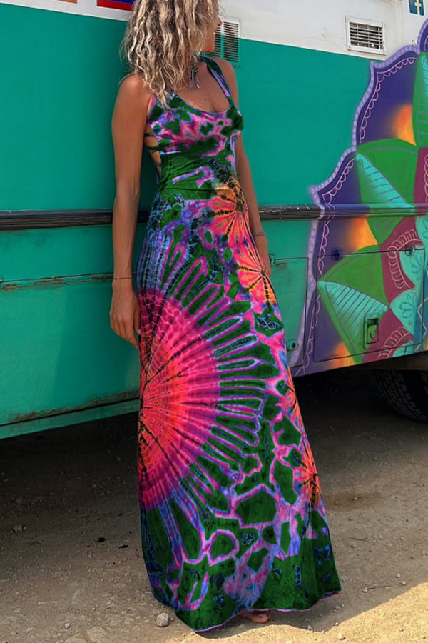 chinese dress ladies La Bamba Tie-dye Print Back Lace-up Stretch Maxi Dress – prettylilygal