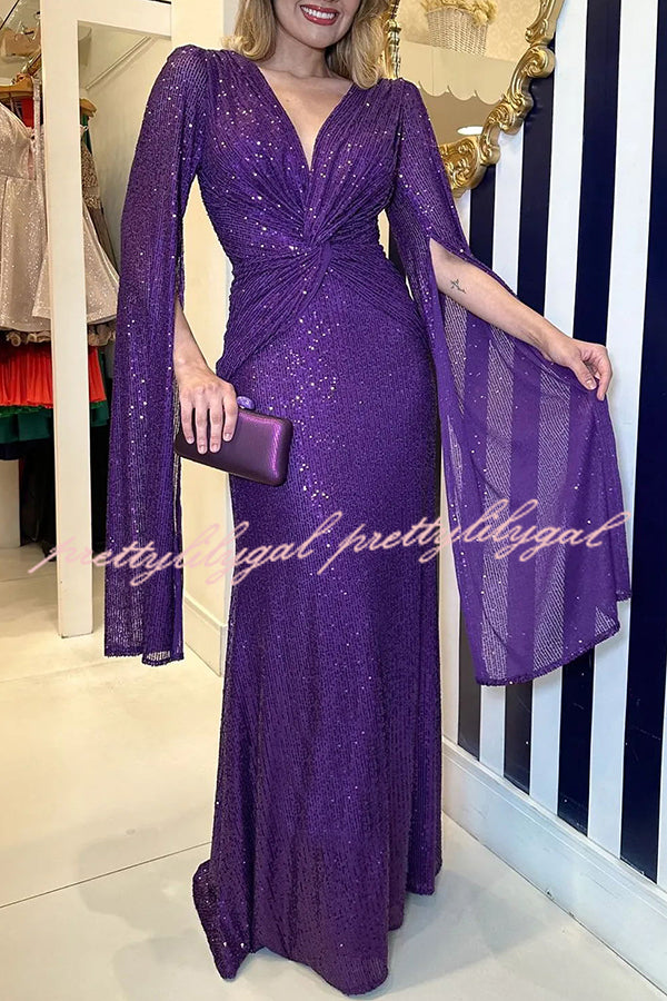 Shine Brighter Sequin Cape Sleeve Cross Waist Evening Maxi Dress