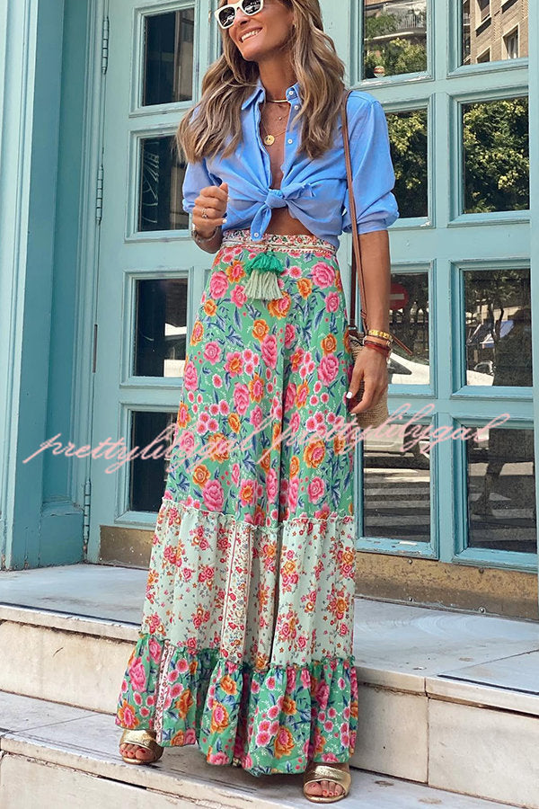 Audrina Bohemian Print Elastic Waist Tassel Maxi Skirt