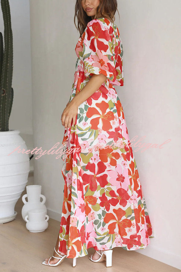 Del Mare Floral Puff Sleeve Front Cutout High Low Maxi Dress