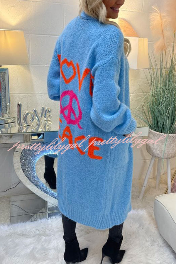 Neon Love Peace Chunky Knit Pocket Straight Midi Cardigan