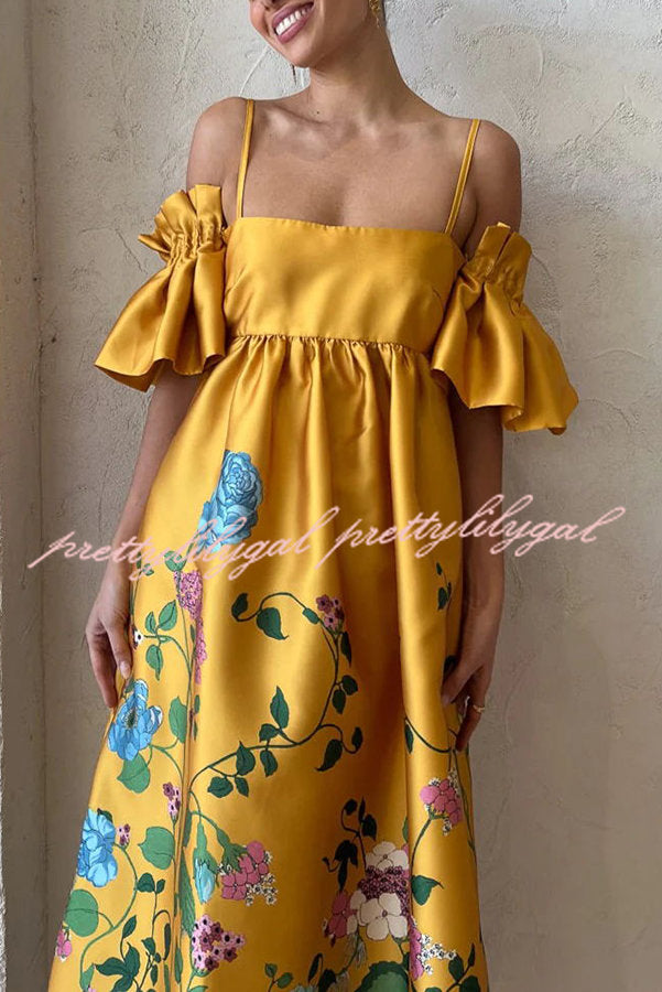 Sweetest Marigold Printed Gathered Sleeve Pocketed A-line Midi Dress