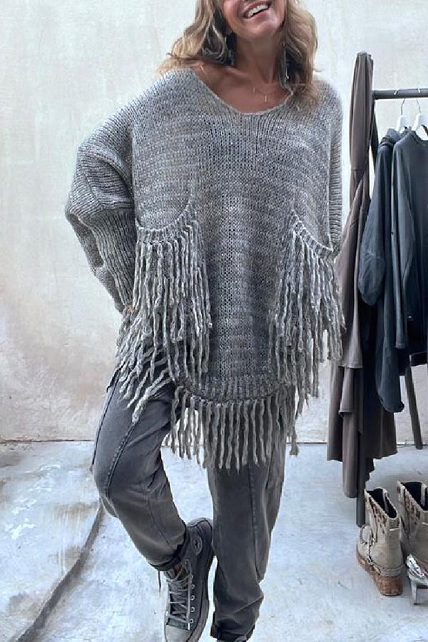 Coming with You Knit Tassel Trim Pocketed Loose Sweater