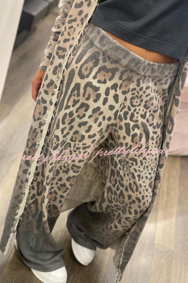 Comfort first Leopard Print Pocket Long Sleeve Cardigan Elastic Waist Pants Set