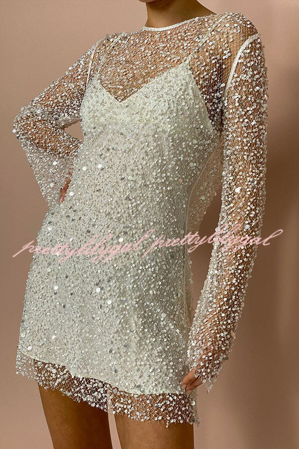 Sparkle and Shine Sequins and Pearls Fabric Mini Dress with Separate Slip