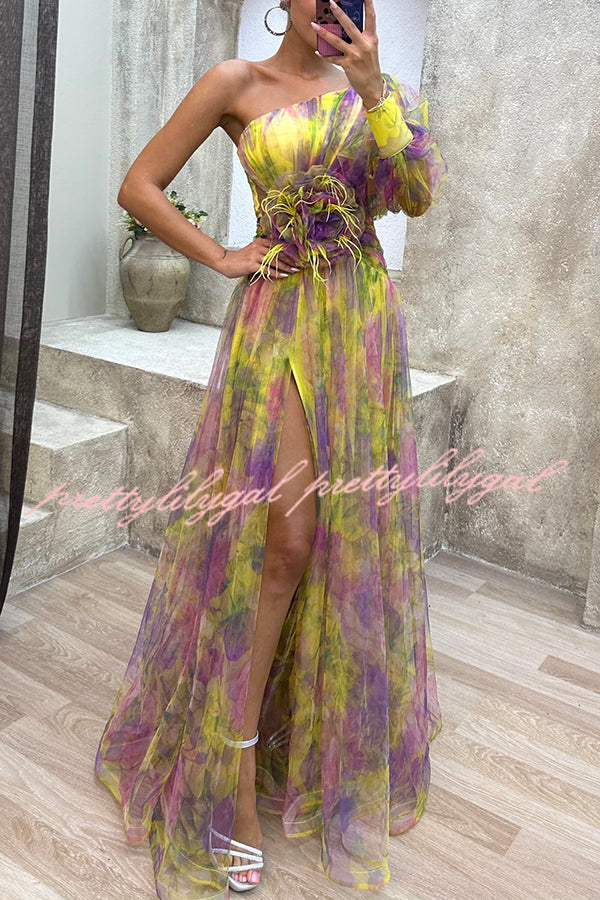 Picturesque Beauty Tulle Floral Pleated One Shoulder Sleeve Slit Maxi Dress