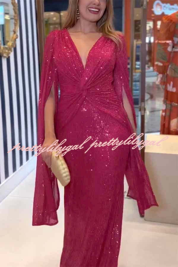 Shine Brighter Sequin Cape Sleeve Cross Waist Evening Maxi Dress