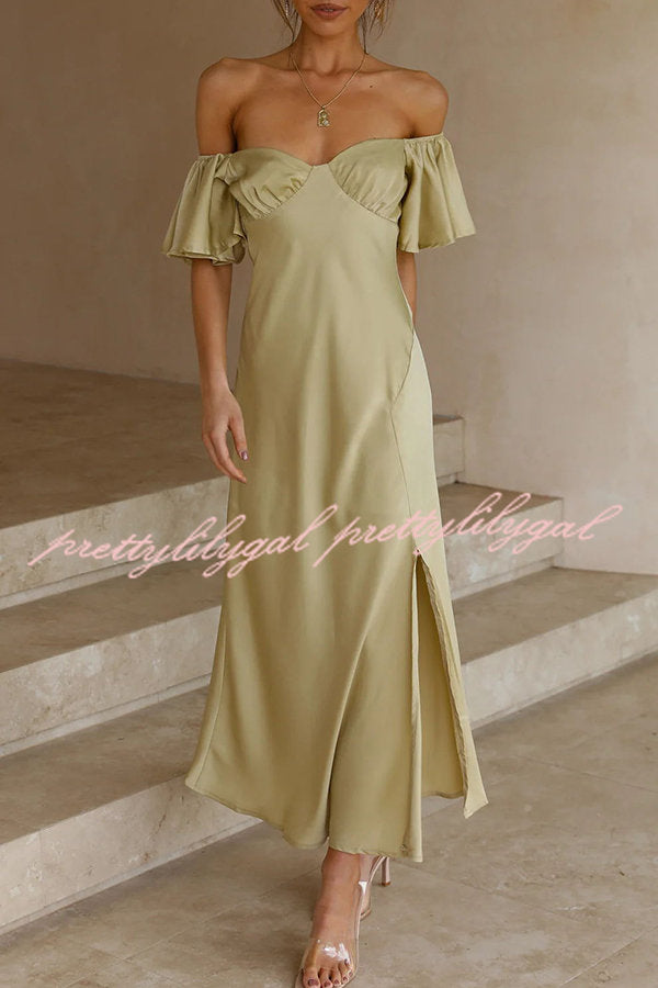 Pure Love Satin Butterfly Sleeve Slit Midi Dress