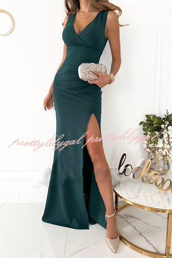 Height of Fame V-neck Ruched Slit Maxi Dress