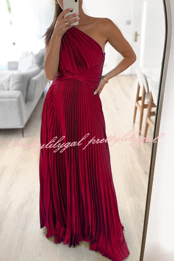 Keira One Shoulder Pleated Satin Maxi Dress