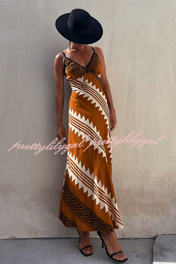 Always Falling Satin Ethnic Print Smocked Back Midi Dress