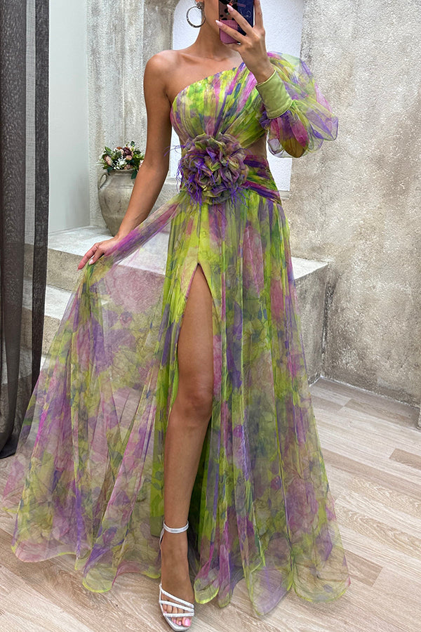tulle floral maxi dress Picturesque Beauty Tulle Floral Pleated One Shoulder Sleeve Slit Maxi Dress