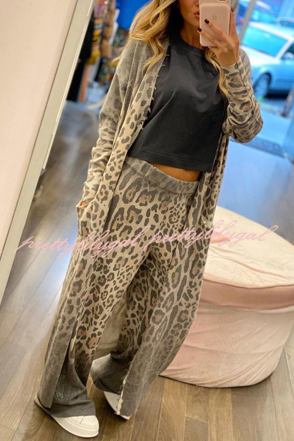 Comfort first Leopard Print Pocket Long Sleeve Cardigan Elastic Waist Pants Set