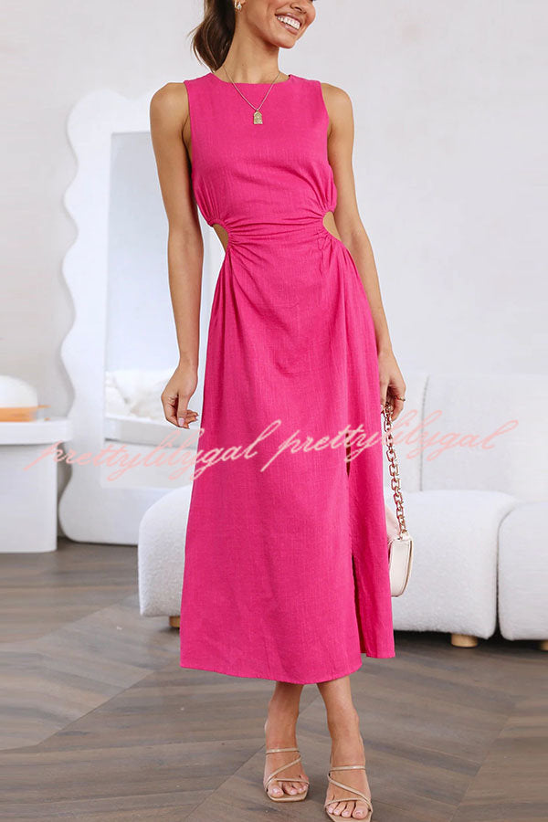 Smile for You Linen Blend Cutout Waist Slit Midi Dress