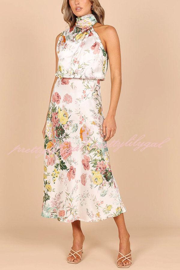 Wine Country Dates Floral Halter Neck Elastic Waist Maxi Dress