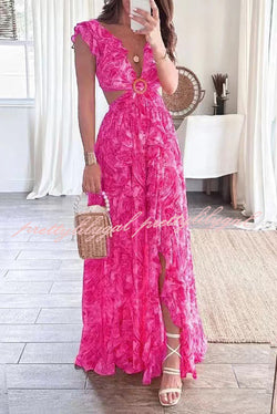 Boldest Bloom Floral Printed Ruffle Sleeve Cutout Maxi Dress