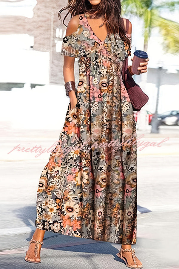 Ayden Plants Print Cold Shoulder Pocketed Flared Maxi Dress