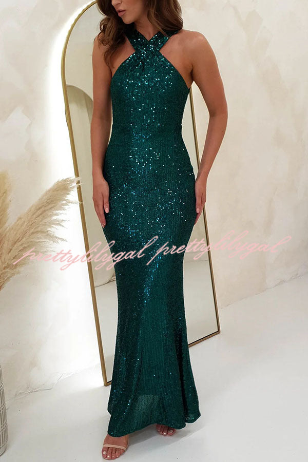 Time To Sparkle Sequin Cross Halter Neck Backless Maxi Dress