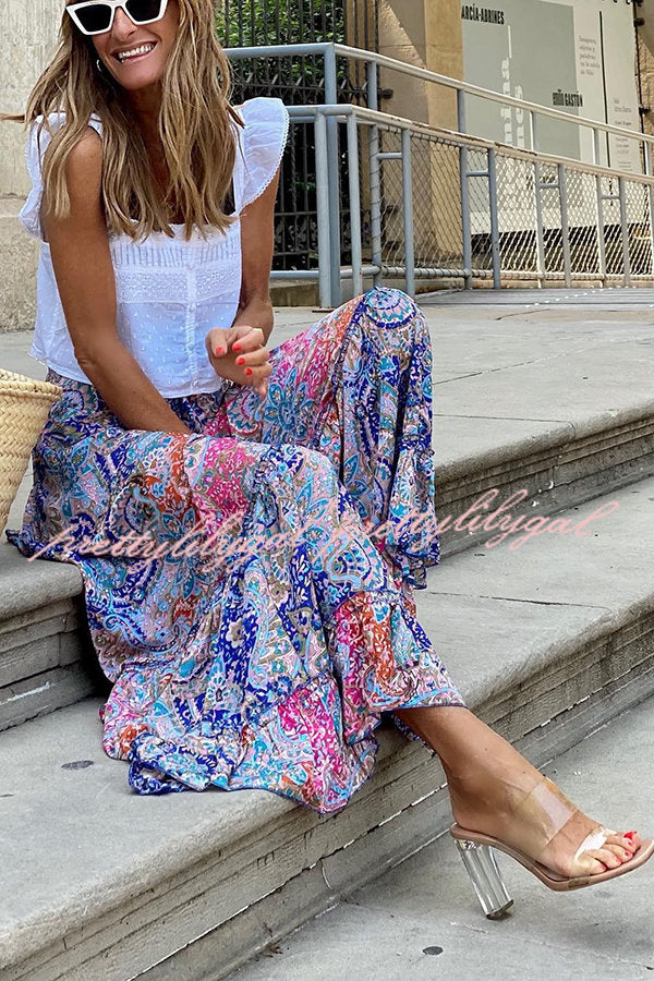 Audrina Bohemian Print Elastic Waist Tassel Maxi Skirt