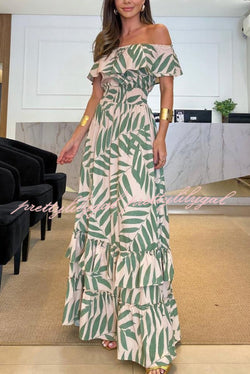 Plant Smiles Printed Off Shoulder Elastic Waist Maxi Dress