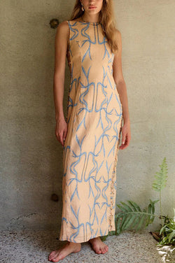 Glimmer of Hope Linen Blend Unique Print Side Hollow Ring Design Maxi Dress