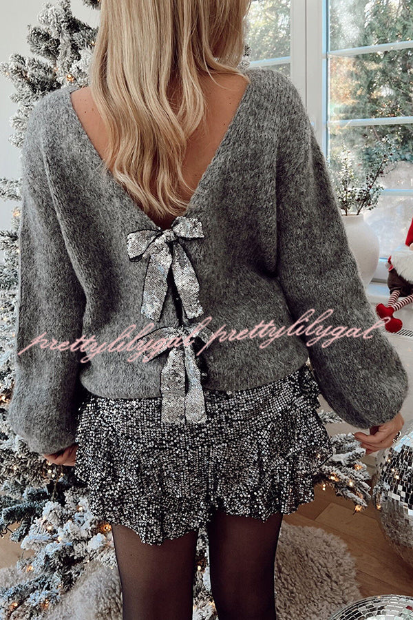 Misty Starlight Tie Front Sequin Bow Loose Sweater