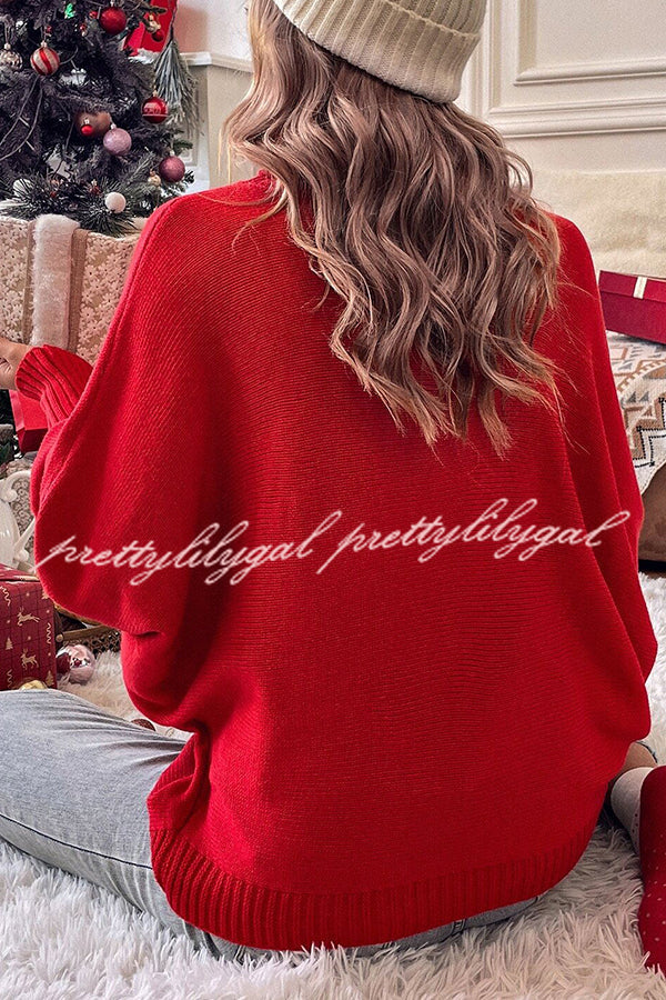 Happy Holidays Contrast Love Letter Turtle Neck Bat Sleeve Sweater